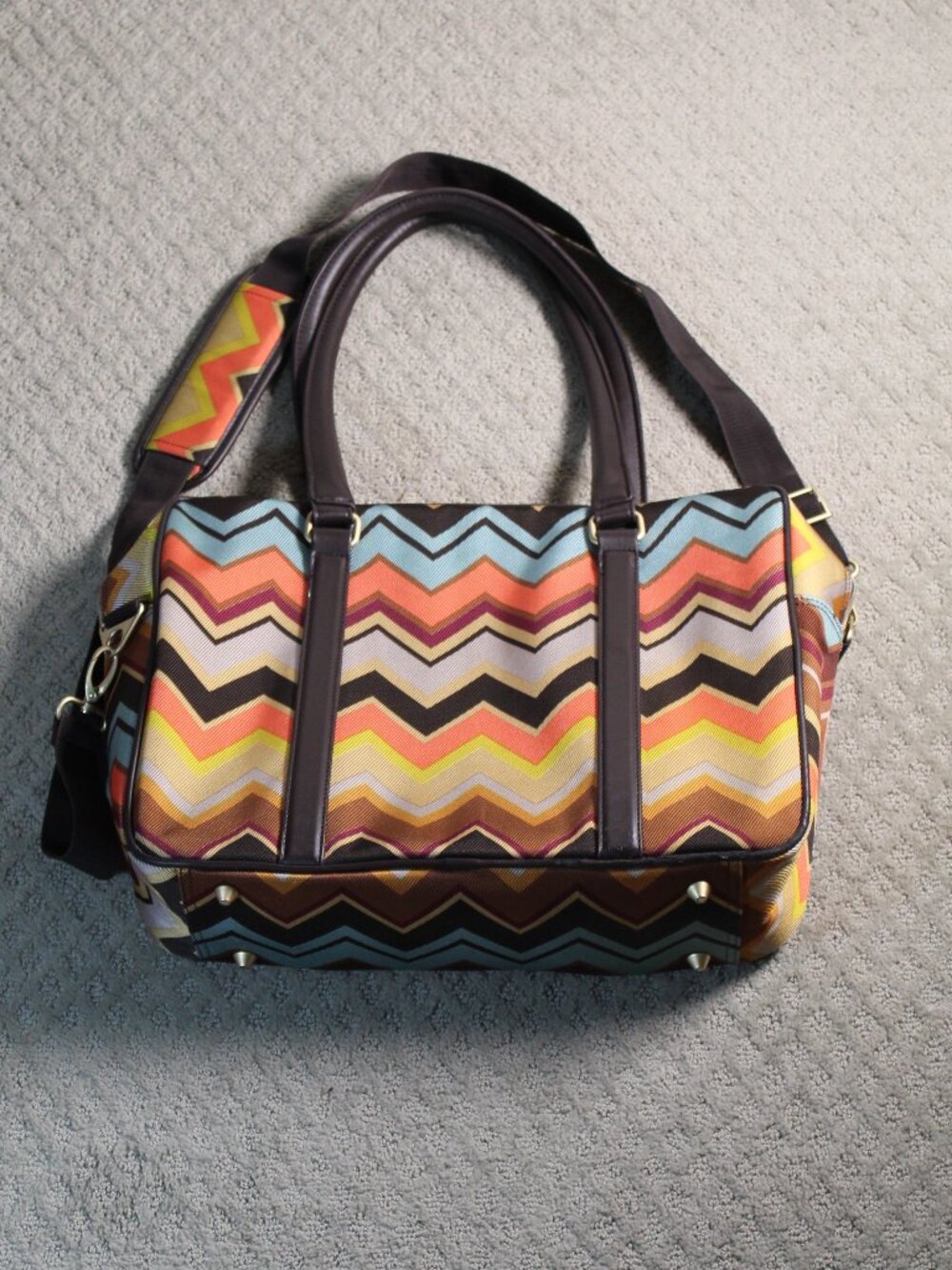 Missoni Chevron 70s Vibe Brown Orange Aqua Faux Leather Trim Travel Bag